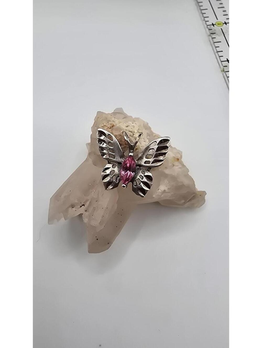 Vintage Silver Butterfly Brooch with Pink Gemstone Accent
